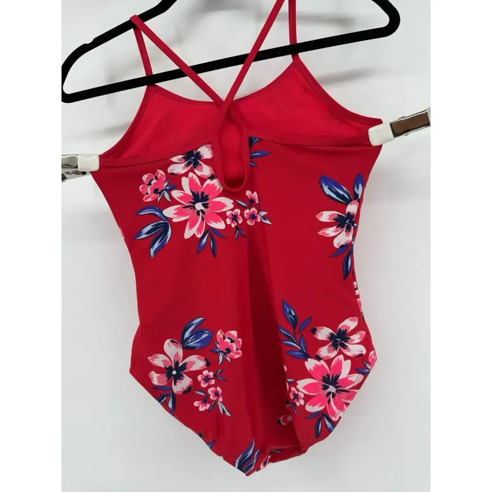 Old Navy Girls XL Swimsuit One-Piece Red Floral Pattern Straps Beach Vacation